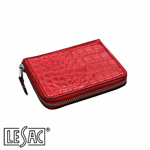 【貨物輸送無料／メイドインジャパン】LESAC（レ背嚢）クロコダイル二つ折り紙入れ ラウンドジッパー ミドルウォレット ワニ革 つや消し赤 赤いこと 8200-red
