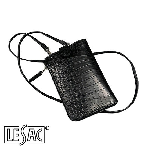 【貨物輸送無料／メイドインジャパン】LESAC（レ背嚢）ナイルクロコダイル スマホショルダー メンズ レディース 本革 引っ敷き 黒 黒いこと capri-croco-black