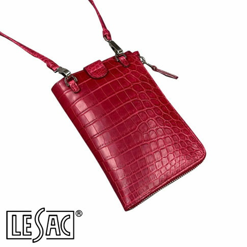 【貨物輸送無料／メイドインジャパン】LESAC（レ背嚢）ナイルクロコダイル スマホショルダー メンズ レディース 本革 引っ敷き 赤 赤いこと capri-croco-red