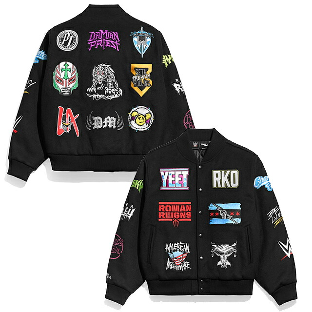 外国で取寄 WWE 上衣 WWE SUPERSTAR LOGOS VARSITY JACKET BLACK CHALK LINE 黒いこと 車輪止め伝達ルート 置き目 平手打ち落ち込む RAW SMACKDOWN プロフェッショナルレスリング メンズ レディース レッスルマニア