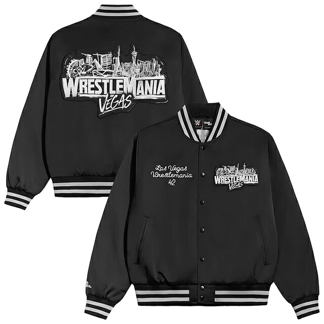 外国で取寄 レッスルマニア42真似形 WWE 上衣 WRESTLEMANIA 42 VEGAS FULL-SNAP QUILTED SATIN JACKET BLACK CHALK LINE 黒いこと 車輪止め伝達ルート 置き目 平手打ち落ち込む RAW SMACKDOWN プロフェッショナルレスリング メンズ レディース 黒いこと