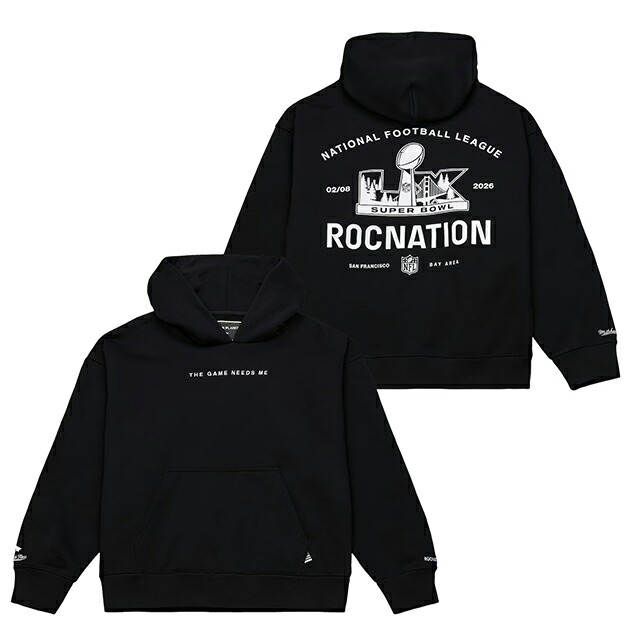第60回スーパーボウル×ミッチェル アンド ネス×ロックネイション×ペーパープレーン プルオーバーフーディ− SUPER BOWL LX ROC NATION PAPER PLANES NFL HEAVY WEIGHT BLACK|Amazingstore