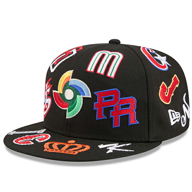 ニュー内鰓 旗がしら 59FIFTY WBC 2026 WORLD BASEBALL CLASSIC ALL-OVER FITTED CAP BLACK NEW ERA 5950 世界続きもの古典派音楽 ベイスボール 黒いこと かぶり笠 メンズ レディース 男女兼用