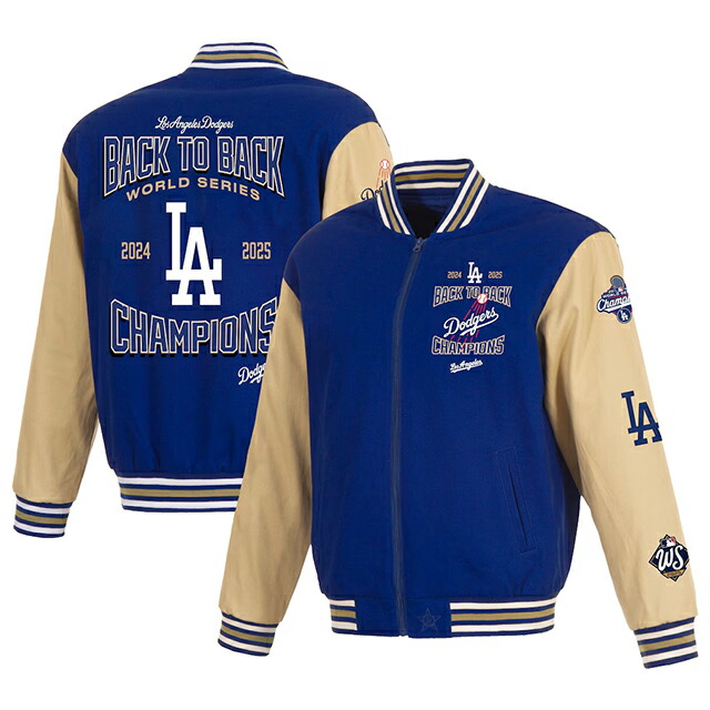 2025 世界続きものはやりっ子模範例 天使の都市 ドジャース 上衣 JH DESIGN BACK-TO-BACK WORLD SERIES CHAMPIONS TWILL FULL-ZIP JACKET ROYAL BLUE-TAN LOS ANGELES DODGERS