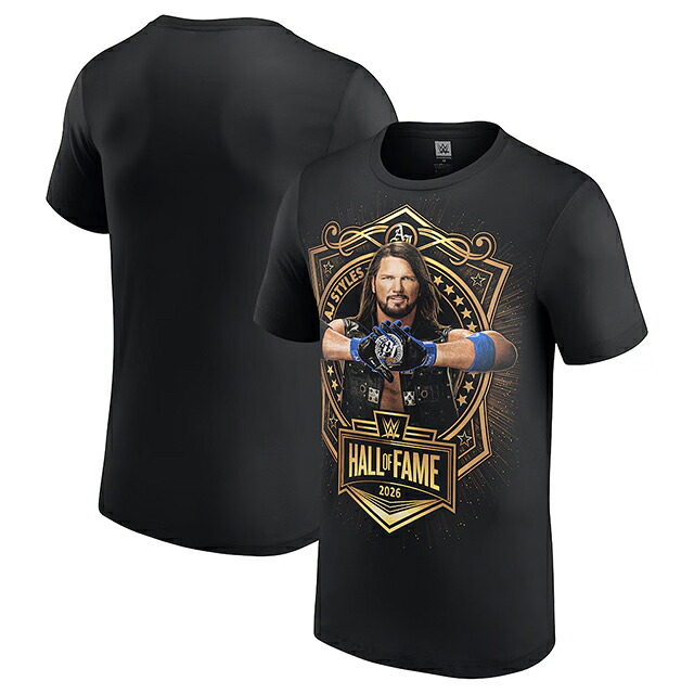 AJ スタイルズ WWE廟堂入り口・入口不死化青写真 外国で取寄 WWE AUTHENTIC プルオーバー HALL OF FAME 2026 INDUCTEE T-SHIRT BLACK AJ STYLES 置き目 平手打ち落ちこむ RAW SMACKDOWN プロフェッショナルレスリング かぶり笠 メンズ レディース 男女兼用 TEE 紅茶プルオーバー 黒いこと