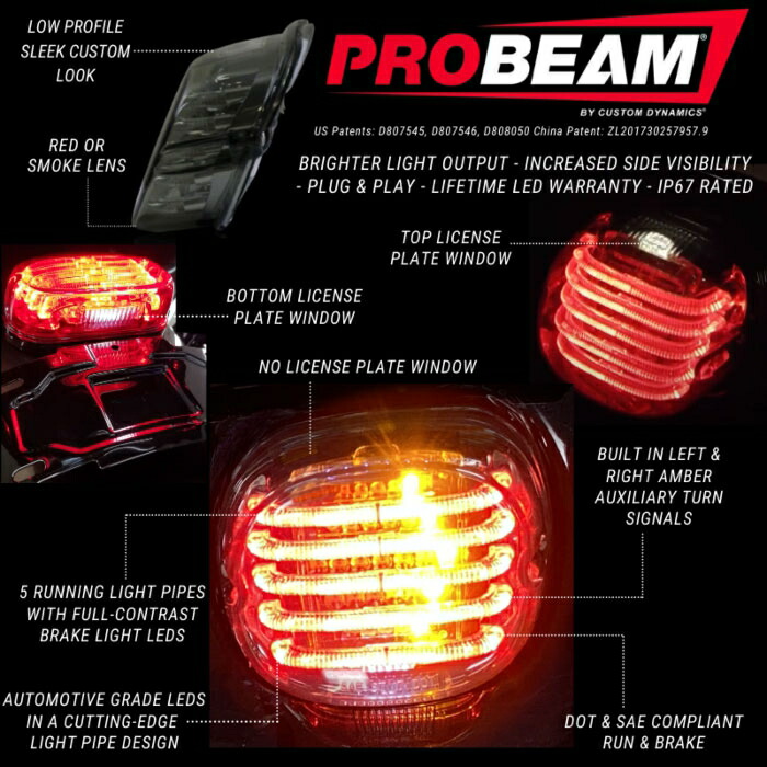 PROBEAM LOW PROFILE LEDテールライト＆ターンシグナル:レッドレンズ / ナンバープレート照明窓無し