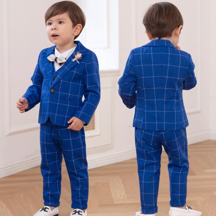 ブルー レッド グレー チェック柄 キッズ スーツセット 子供スーツ キッズ服 男の子衣装 ズボン、コート、ベスト 3点セット 上下セット セットアップ 演出 入園式 発表会 七五三 結婚式フォーマル 80CM 90CM 100CM 110CM 120CM 130CM 140CM 150CM 160CM