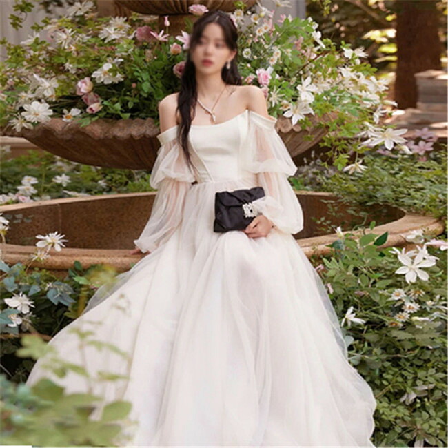 ホワイト　オフショルダー　 ウェディングドレス　Aライン　ファスナータイプ　ロングドレス ウェディングドレス レース 素地 　s～xxl　Wedding Dress　お花嫁　結婚式　旅行撮影演出　レディースウェディングドレス｜ドリーム洋服屋