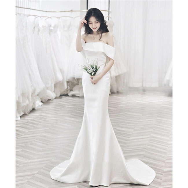 ホワイトオフショルダー  ウェディングドレス Aライン ファスナータイプ トレーン  レース 素地  xs～xl Wedding Dress お花嫁 結婚式 旅行撮影演出 レディースウェディングドレス