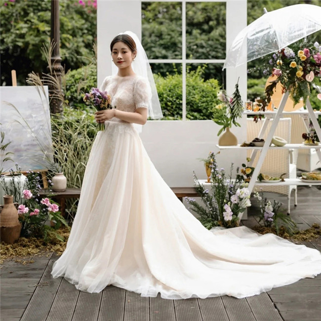ホワイト 半袖　袖あり ウェディングドレス　Aライン　ファスナータイプ　トレーン レース 素地 　s～xl　Wedding Dress　お花嫁　結婚式　旅行撮影演出　レディースウェディングドレス｜ドリーム洋服屋