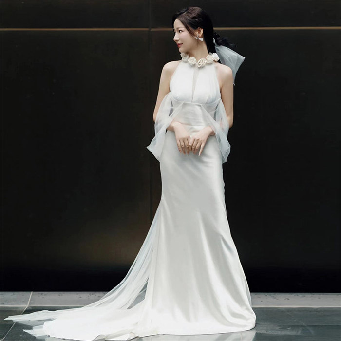 白いこと 婚礼の儀お召しもの 首掛け 袖なし  ロングお召しもの 婚礼の儀お召しもの   寄り合いお召しもの 二次会お召しもの 婚礼の儀 映画化 S/M/L/XL/2XL レディース お召しもの  ギア ノースリーブ 花 シュロの葉 ウェディングドレス-レディースファッション