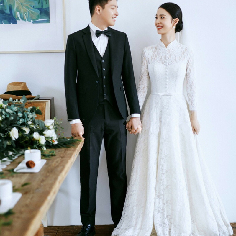 ホワイト ウェディングドレス Aライン 長袖 総レース ロングドレス イブニングドレス マキシ丈 ファスナータイプ Xs Xl Wedding Dress お花嫁 結婚式 旅行撮影演出 レディースウェディングドレス エレガント パーティードレス チャイナドレス ウェディングドレス