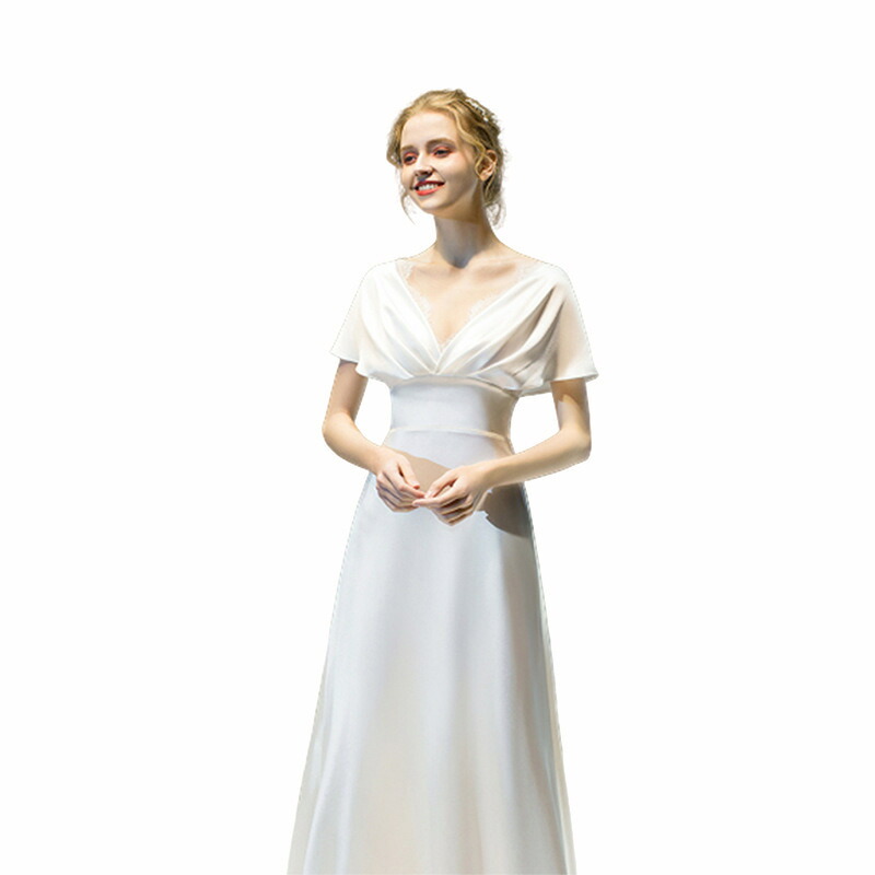 ホワイト ウェディングドレス　Aライン　半袖　トレーン　ロングドレス イブニングドレス　 編み上げタイプ　xs～xl　Wedding Dress　お花嫁　結婚式　旅行撮影演出　レディースウェディングドレス　エレガント　パーティードレス　Vネック｜ドリーム洋服屋 10,600円