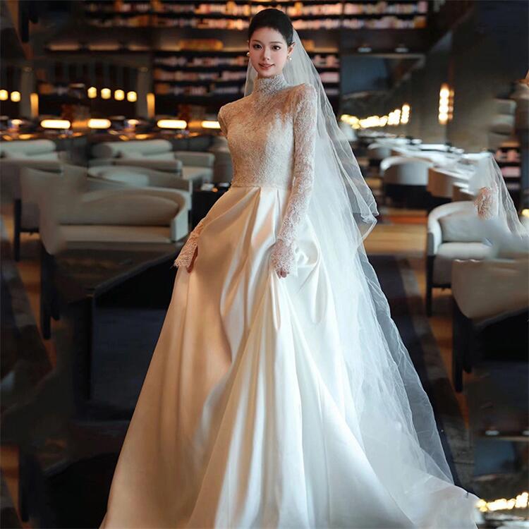 ホワイト ウェディングドレス Aライン 長袖 総レース ロングドレス ウェディングドレス レース 素地 ファスナータイプ Wedding Dress お花嫁 結婚式 旅行撮影演出 レディースウェディングドレス 透け感あり セクシー XS/S/M/L/XL|ドリーム洋服屋