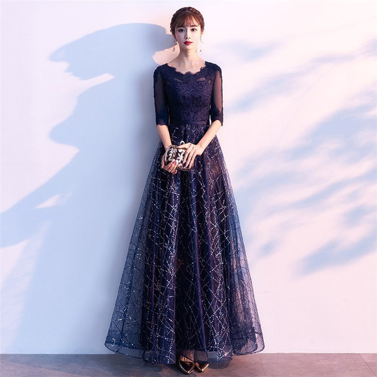 atlo ロングワンピース 長袖 ネイビー パーティードレス レース M 可愛い Lace Ladies パーティードレス ロング丈 ワンピース レース袖