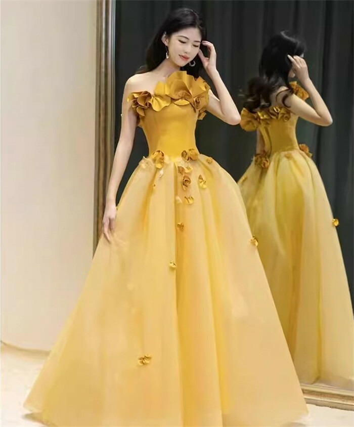 楽天市場】3waysマスタードイエローカラードレス ロング丈 ベアトップ