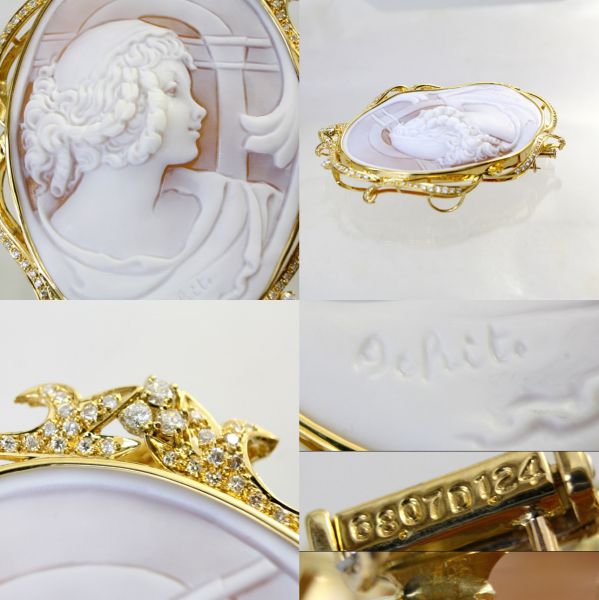 【中古】18金枠ダイヤ1.24ctシェルカメオブローチ