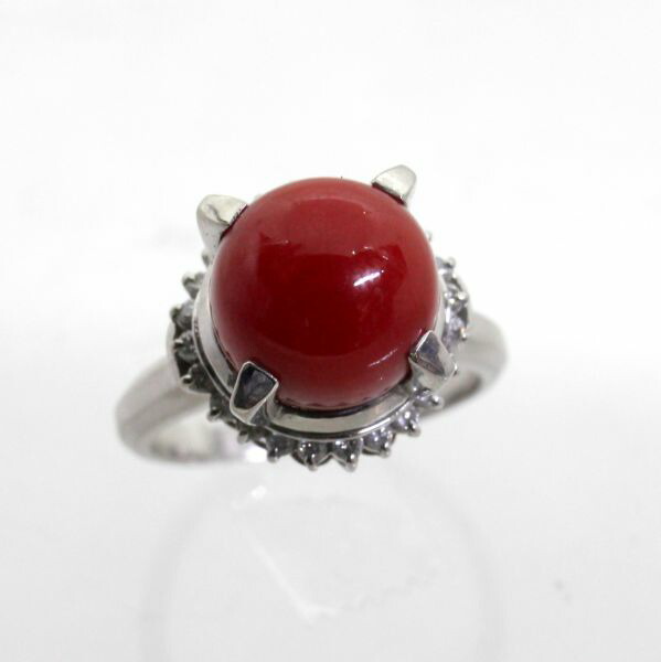 【中古】　プラチナ　赤サンゴ　10.5mm　ダイヤ　0.29ｃｔ　リング　13号