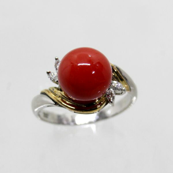 【中古】　プラチナ，１８金　赤サンゴ　9.5mm　ダイヤ　0.11ｃｔ　リング　14号｜Discount Store ANDOUSHOUJI