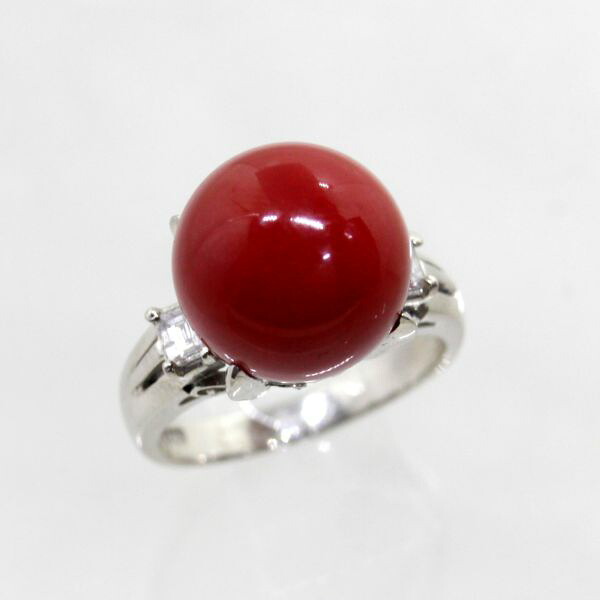 【中古】　プラチナ　赤サンゴ　12.0mm　ダイヤ　0.24ct　リング　12号