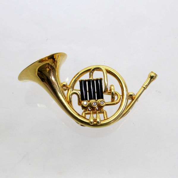 【中古】　１８金　オニキス＆ダイヤ　ホルンデザイン　ブローチ