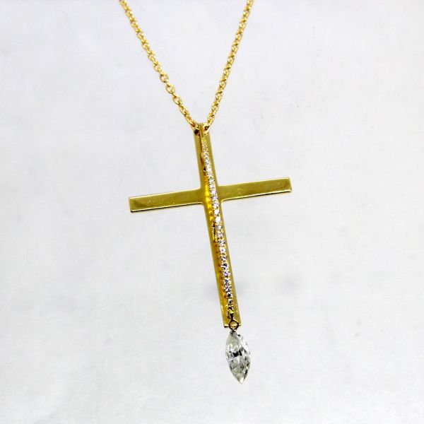 【中古】　１８金　マーキスダイヤ　0.77ct　メレダイヤ　0.18ct　クロスペンダント付ネックレス