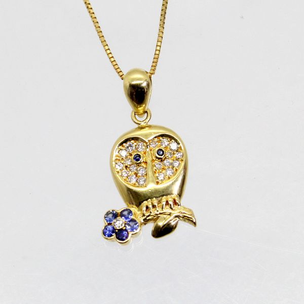 【中古】　１８金　サファイア　0.24ｃｔ　ダイヤ　0.22ct　フクロウデザイン　ペンダント付ネックレス