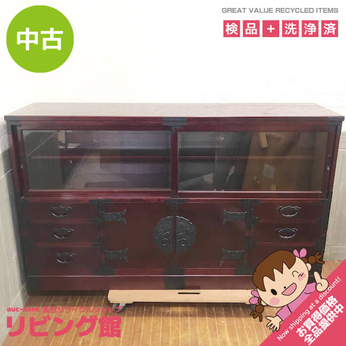 【中古】民芸調片方ゲーム盤 幅166糎 抽き出し6杯 田中調度品 アンティーク 民芸調度品 和風リビングゲーム盤 収納家具 二本松芸術館 55民芸飾棚 置き目ゲーム盤 硝子扉 扉納める 木製 現代世界調度品 食器 小物