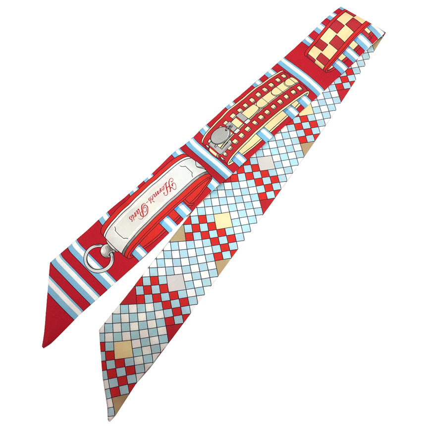 セール レア物 希少 HERMES エルメス ツイリー スカーフ Colliers de Chiens Remix コリエ ド シアン リミックス 2020年春夏　Twilly Scarf レッド×ベージュ×ブルー（ルージュ/シエル/グリスパール）シルク100％【新古品】【美品】エルメス リボン シルクスカーフ aq8801