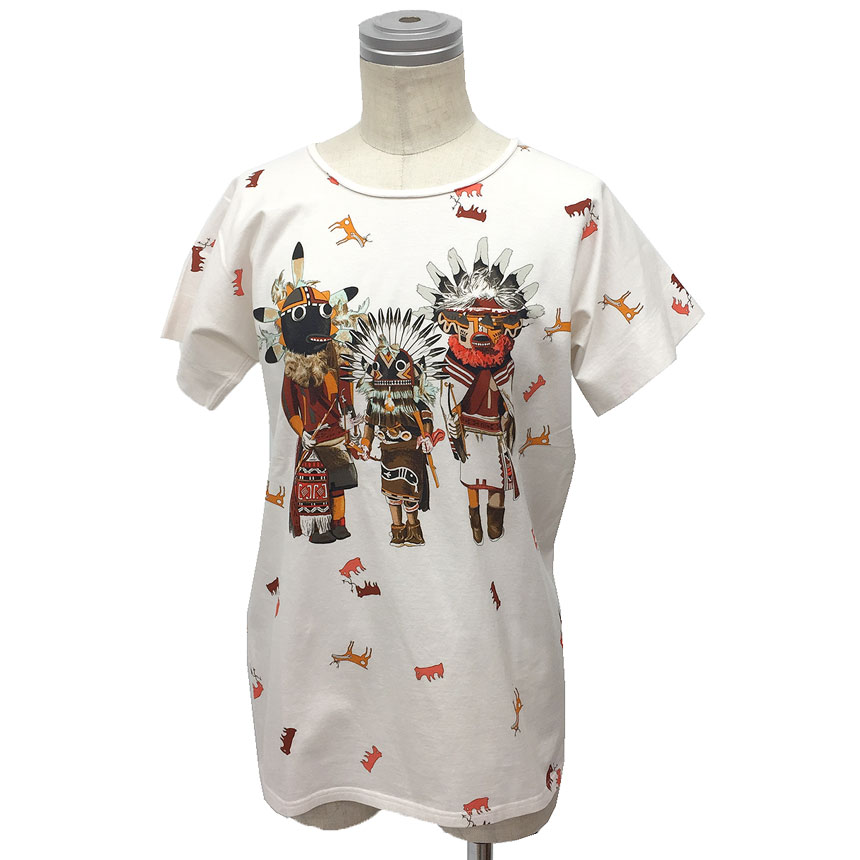 セール　希少　HERMES　エルメス　クルーネック　半袖　Tシャツ　Kachinas カチナ カチーナ インディアンの守り神　34サイズ　白系　コットン【中古】エルメス　アパレル aq9585｜ブランド＆着物館アクアン京や