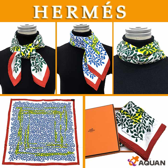 【楽天市場】レア物！希少品！HERMES エルメスカレ70 スカーフリーフ柄 葉っぱ白・緑・赤・青シルク100％ 保存箱付きレディース 女性