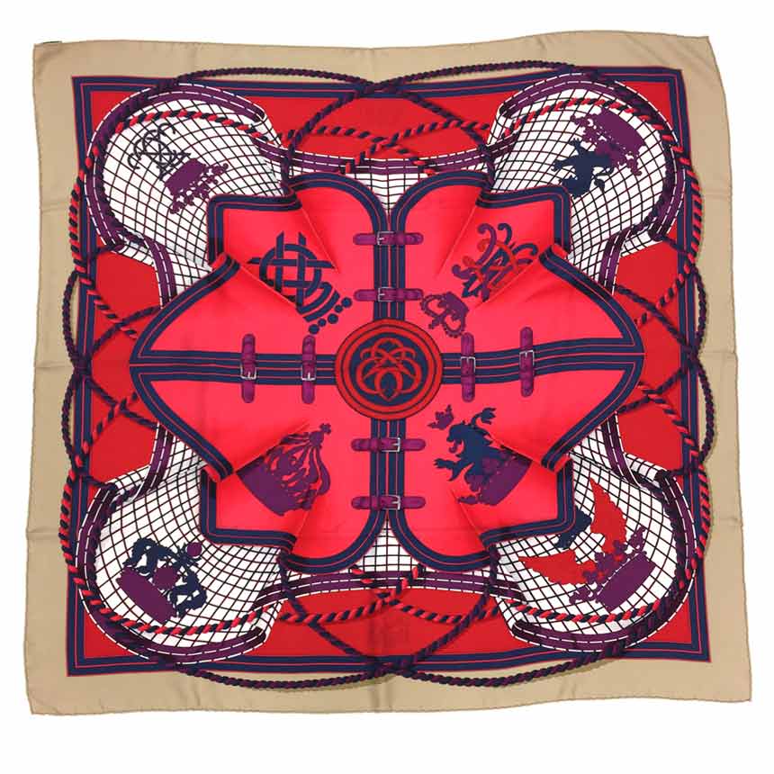 セール 超レア物 希少 HERMES エルメス CARRE WASH カレウォッシュ GRAND TENUE 馬の礼装 ベージュ/ルージュ/ヴァイオレット カレウオッシュ シルク100%【美品】【中古】aq6426