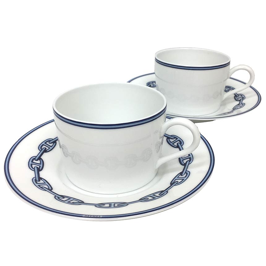HERMES - HERMES　エルメス　シェーヌダンクル　カップ＆ソーサー　5客セット　ブルー　ホワイト　ブランド食器　食器　洋食器　プレゼント包装　ギフト【中古】松前R56号店 HERMES - HERMES エルメス シェーヌダンクル カップ＆ソーサー 5