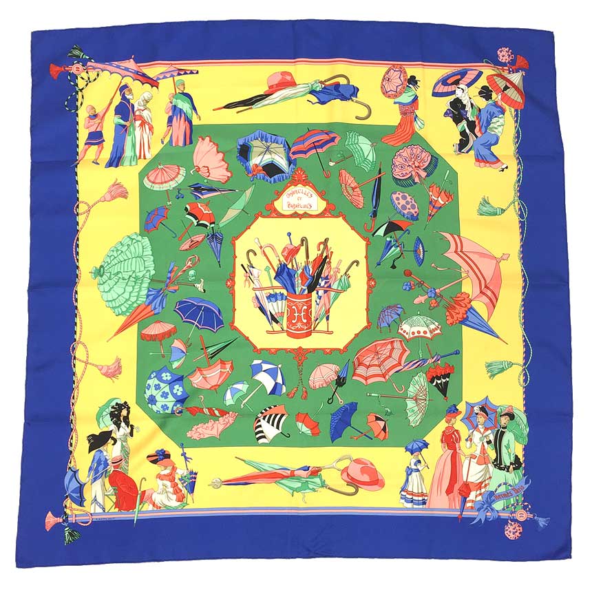 レア物！稀少品！ HERMES　エルメス　カレ90　スカーフ　OMBRELLES ET PARAPLUIES 日傘と雨傘 イエロー×ブルー系 シルク100％【中古】エルメス　シルクスカーフ aq11499