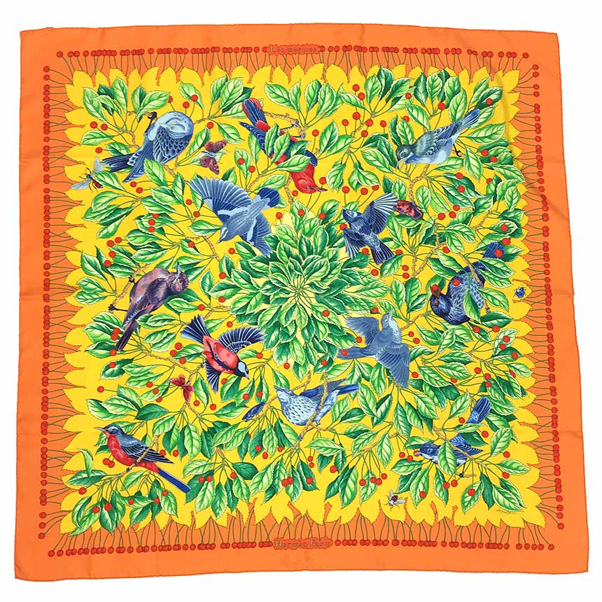 HERMES エルメス カレプリセ　 野生のさくらんぼ　小鳥 スカーフ HERMES エルメス カレプリセ 野生のさくらんぼ 小鳥 スカーフ