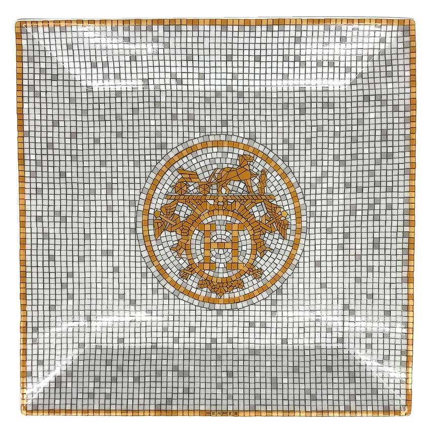 エルメス HERMES モザイク ヴァンキャトル プチカレ スクエアプレート 15cm Orange / シルバー 角皿 アクセサリートレイ【未使用】【新古品】【中古】エルメス　食器 aq12302