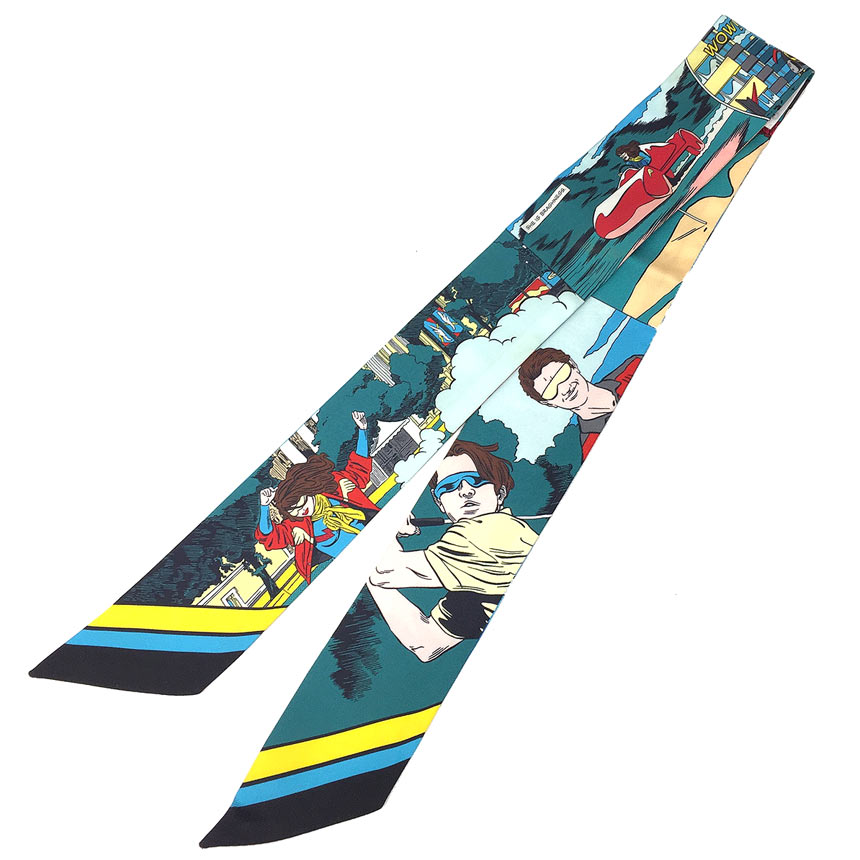 レア物　稀少　HERMES　エルメス　ツイリー スカーフ　WOW　063463S　2021春夏　アメコミ風　リボンタイ　リボンスカーフ　マンガ　Twilly Scarf　ブルーアズール　シルク100％【中古】エルメス　シルクスカーフ　aq11762