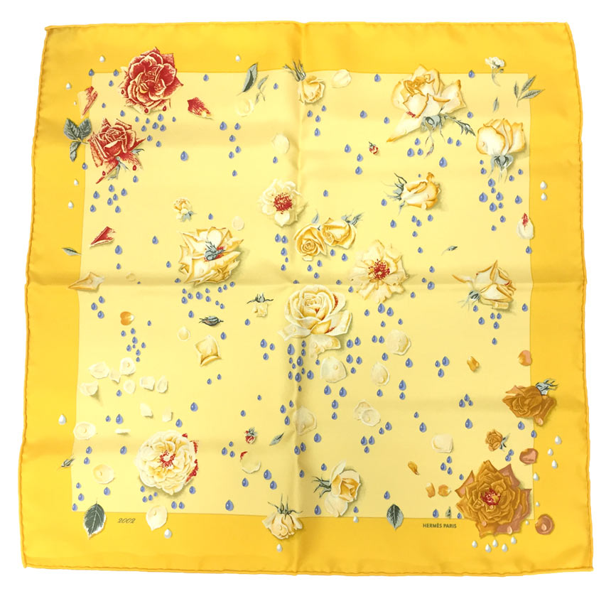レア物!希少品! HERMES エルメス スカーフ カレ45 La Rosse 露 バラ 花 シルク イエロー系【新古品】【未使用】【中古】エルメス シルクスカーフ aq11901
