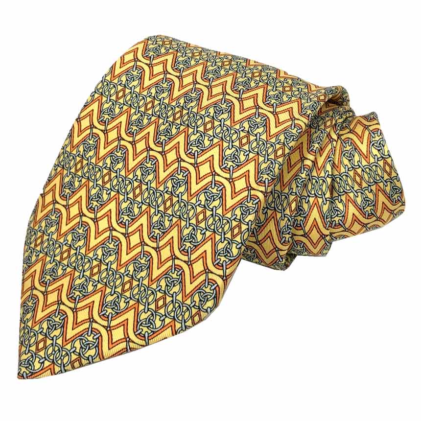 エルメス　HERMES ネクタイ　チェーン柄　イエロー　シルク100％　メンズ　男性【新古品】【美品】【中古】エルメス　メンズ　小物　aq12034｜ブランド＆着物館アクアン京や