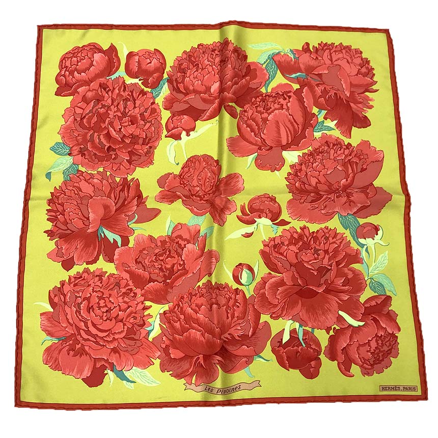 レア物！稀少品！ HERMES　エルメス　カレ45　スカーフ　シルク　Les Pivoines　芍薬　イエロー×コーラル　シルク100％【中古】aq12366