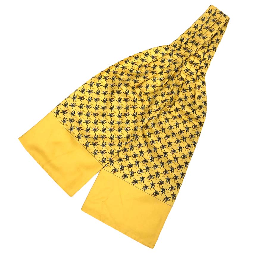 HERMES エルメス タイスカーフ アスコットタイ ダチョウレース 鳥 イエロー シルク100％【美品】【中古】エルメス シルクスカーフ aq12692