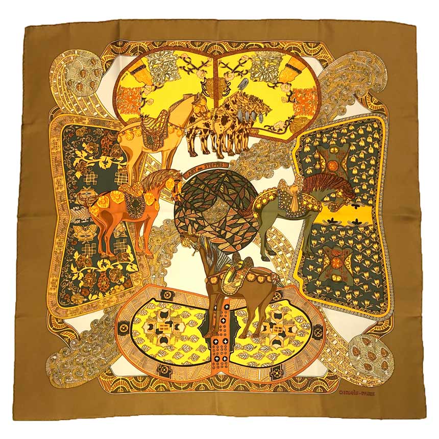レア物　希少 HERMES エルメス スカーフ カレ90 ART des STEPPES ステップ美術 イエローオーカー シルク100％【美品】【中古】aq12774
