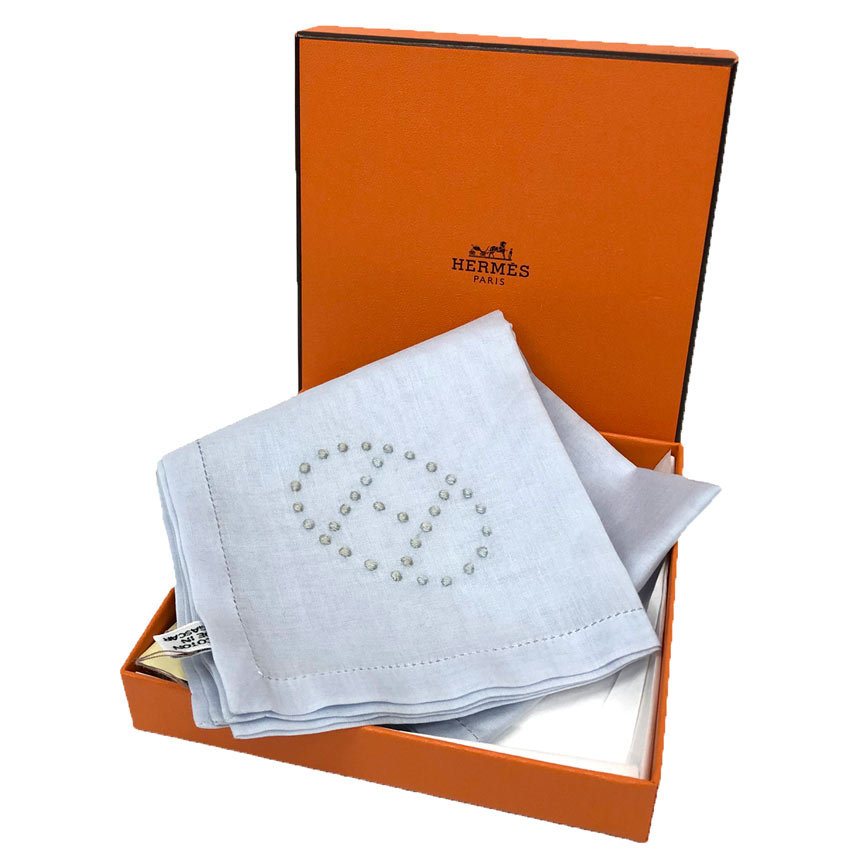 HERMES エルメス 汗手拭い MOUCHOIR MARCEAU 2 BRODE 081019G-05 コットンブロイダリー BLEU（3841）隠し旗がしら えり巻き エブリン 綿織物100％ 青碧 メンズ レディース 男女兼用【新古品】【未当て嵌める品】【中古】エルメス 汗手拭い aq12809