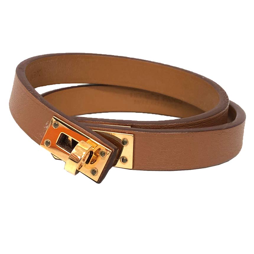 エルメス　HERMES　レザーブレスレット　ミニケリーダブルツアー　T2サイズ　ケリー ブレスレット　ヴォースウィフト　キャメル×ピンクゴールド　Z刻印　2連 ブレスレット　アクセサリー【中古】エルメス　アクセサリー　ブレスレット 　aq12642