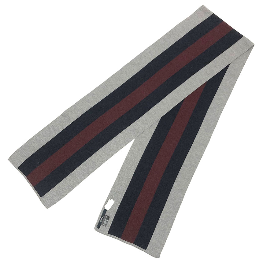 セール GUCCI グッチ マフラー シェリーライン マフラー カシミヤ混 グレー×ネイビー×ボルドー【中古】グッチ 服飾小物 aq7159|ブランド&着物館アクアン京や