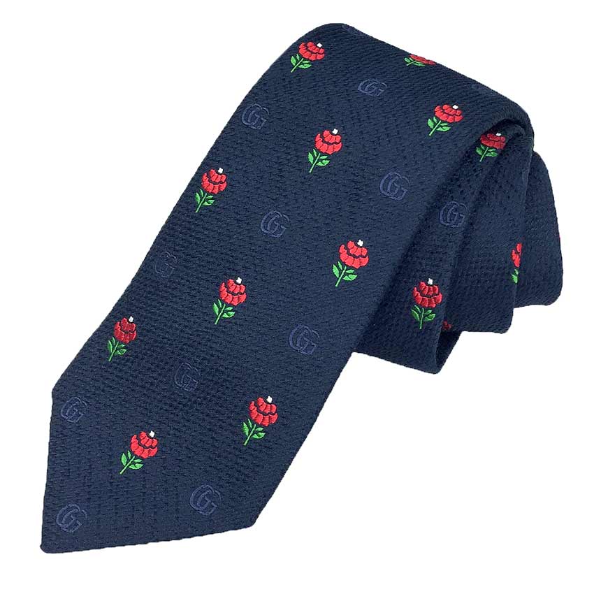 ゆうパケット発送　全国送料無料　GUCCI　グッチ　ネクタイ　GG　花　フラワー　ネイビー　メンズ　男性【中古】グッチ　服飾小物　aq11566