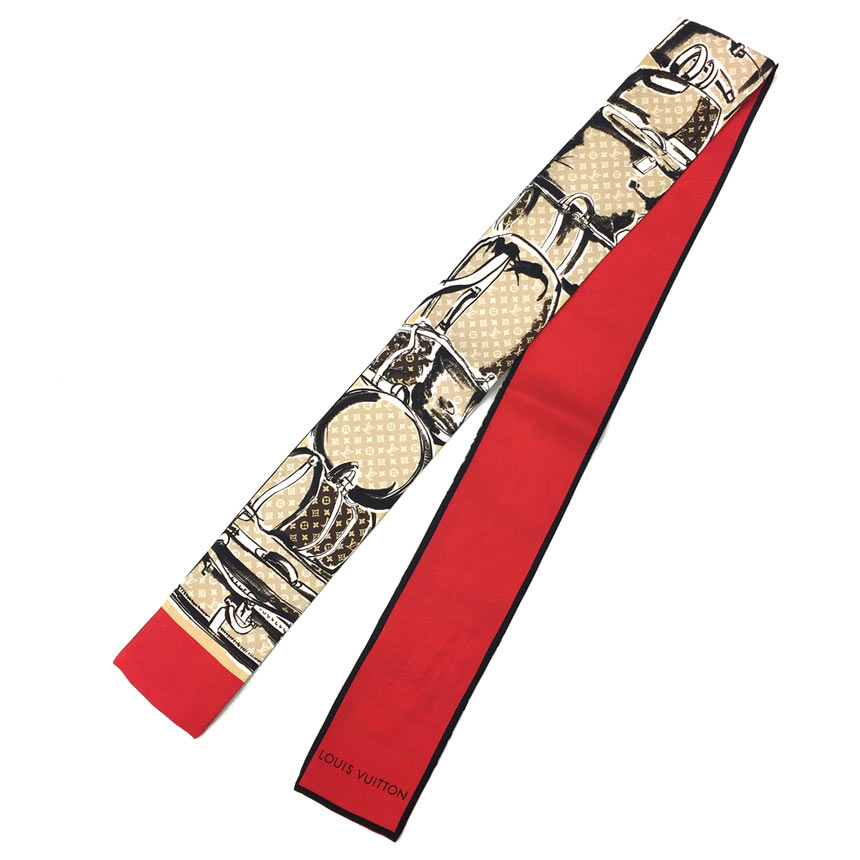 ルイヴィトン LOUIS VUITTON バンドー・トランク M73964 タイスカーフ リボンスカーフ マロン（ベージュ×レッド） シルク100％【新古品】【美品】【中古】ルイヴィトン スカーフ aq12824