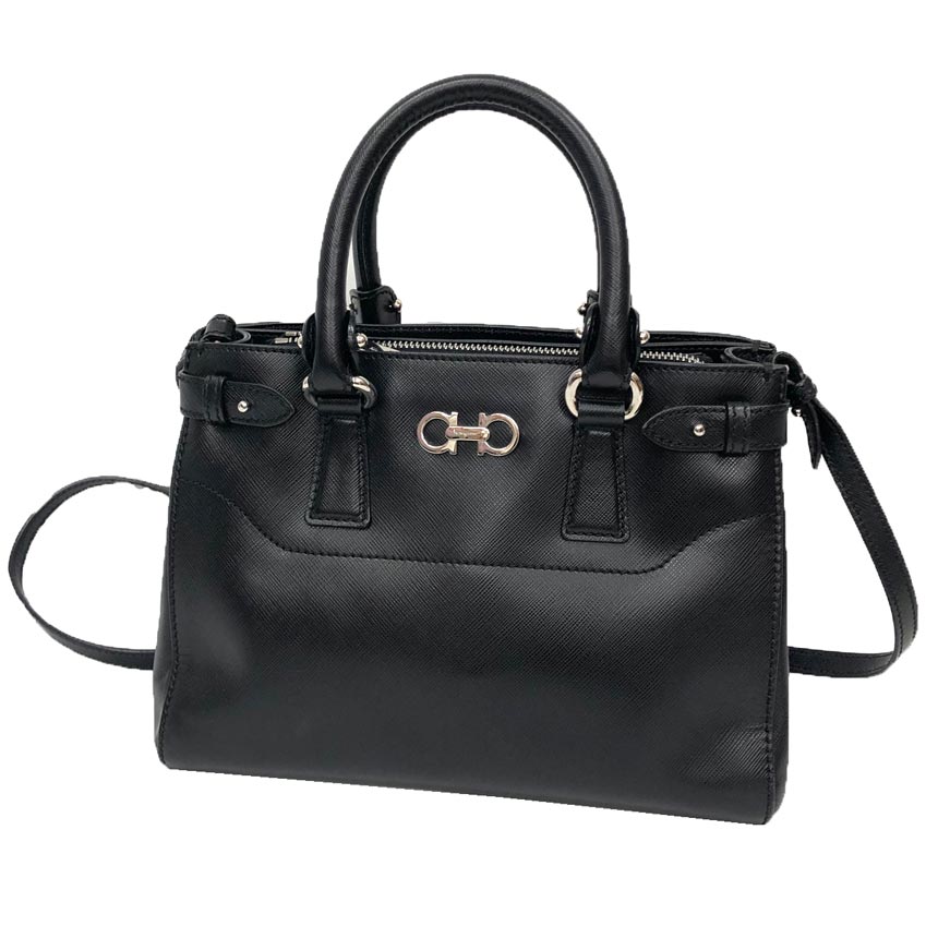 Salvatore Ferragamo　フェラガモ　ダブルガンチーニ　トートバッグ　２WAY　ショルダーバッグ　レザー　ブラック　黒【中古】フェラガモ　バック　レディース　aq12408