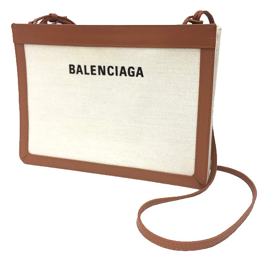 【送料無料】【送料込み】BALENCIAGA バレンシアガ ネイビーポシェット ロゴショルダーバッグ 39937 キャンバス×レザー ホワイト×ブラウン【新古品】【美品】【中古】aq11968