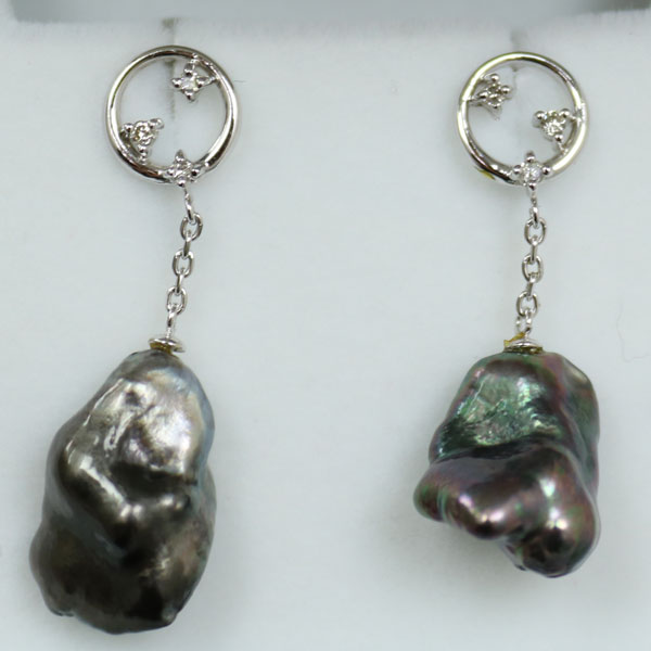 真珠 パール ピアス 黒蝶真珠 パールピアス 大粒 タヒチ 黒蝶ケシ 9.5mm ダイヤ 0.06ct K18WG ホワイトゴールド ピアス|真珠パール通販専門アリエルパール